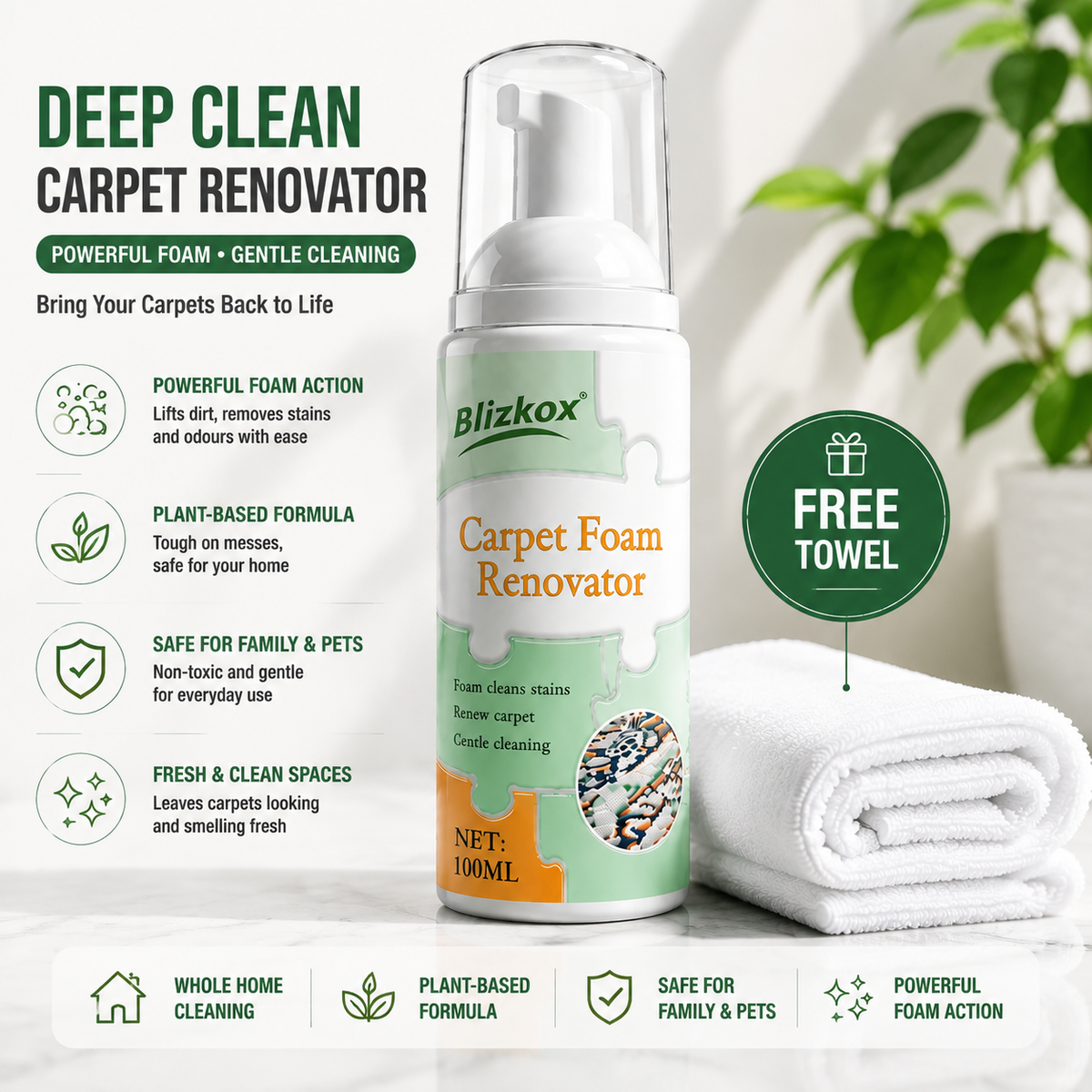 🔥Limited Time Promotion 50% OFF🔥Waterless Carpet Foam Stain Remover with Towel